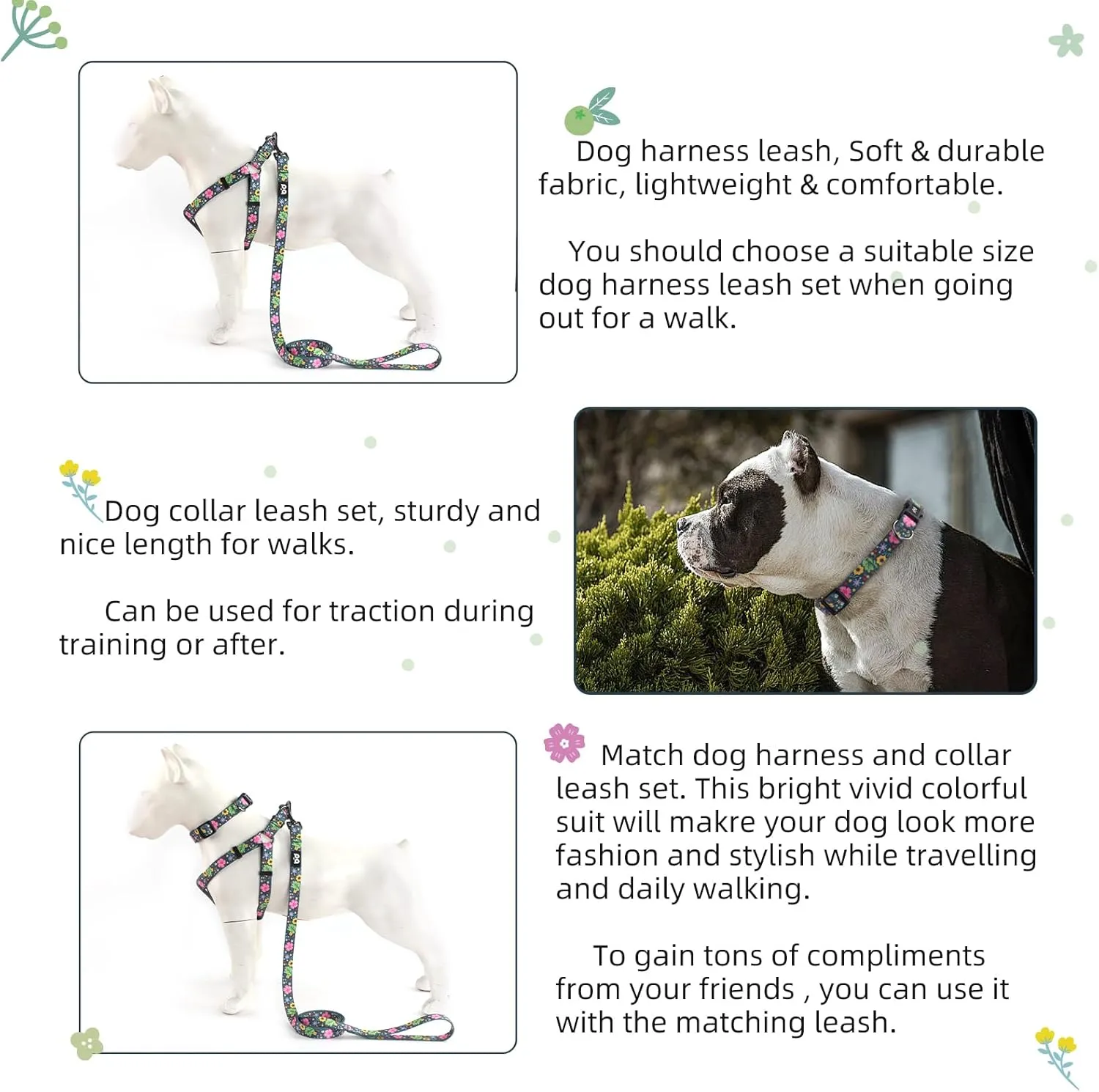 QQPETS Dog Harness Collar Leash - No Pull Pet Adjustable Back Clip Halter Basic Collar Heavy Duty 5FT Anti-Twist Leash for Extra Small Puppy Medium Large Breed Training (XS,Leaves)
