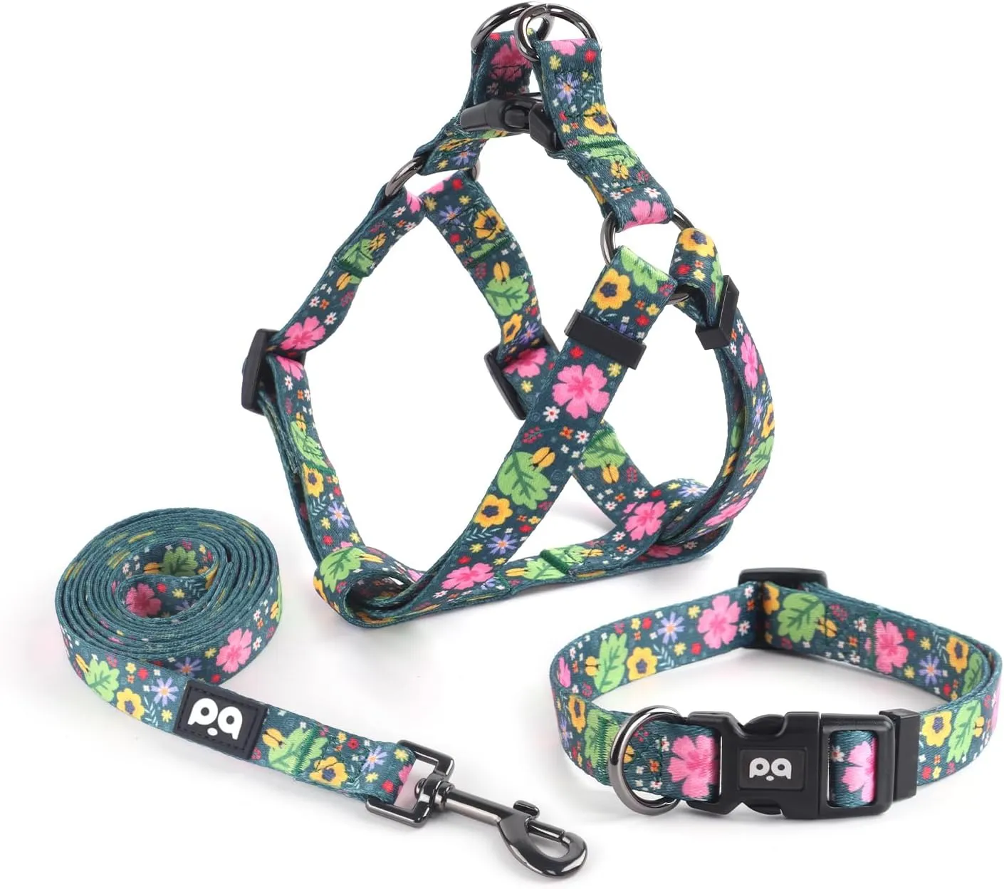 QQPETS Dog Harness Collar Leash - No Pull Pet Adjustable Back Clip Halter Basic Collar Heavy Duty 5FT Anti-Twist Leash for Extra Small Puppy Medium Large Breed Training (XS,Leaves)