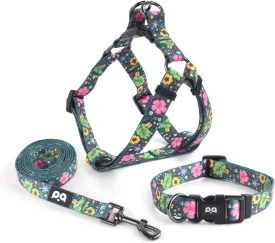 QQPETS Dog Harness Collar Leash - No Pull Pet Adjustable Back Clip Halter Basic Collar Heavy Duty 5FT Anti-Twist Leash for Extra Small Puppy Medium Large Breed Training (XS,Leaves)