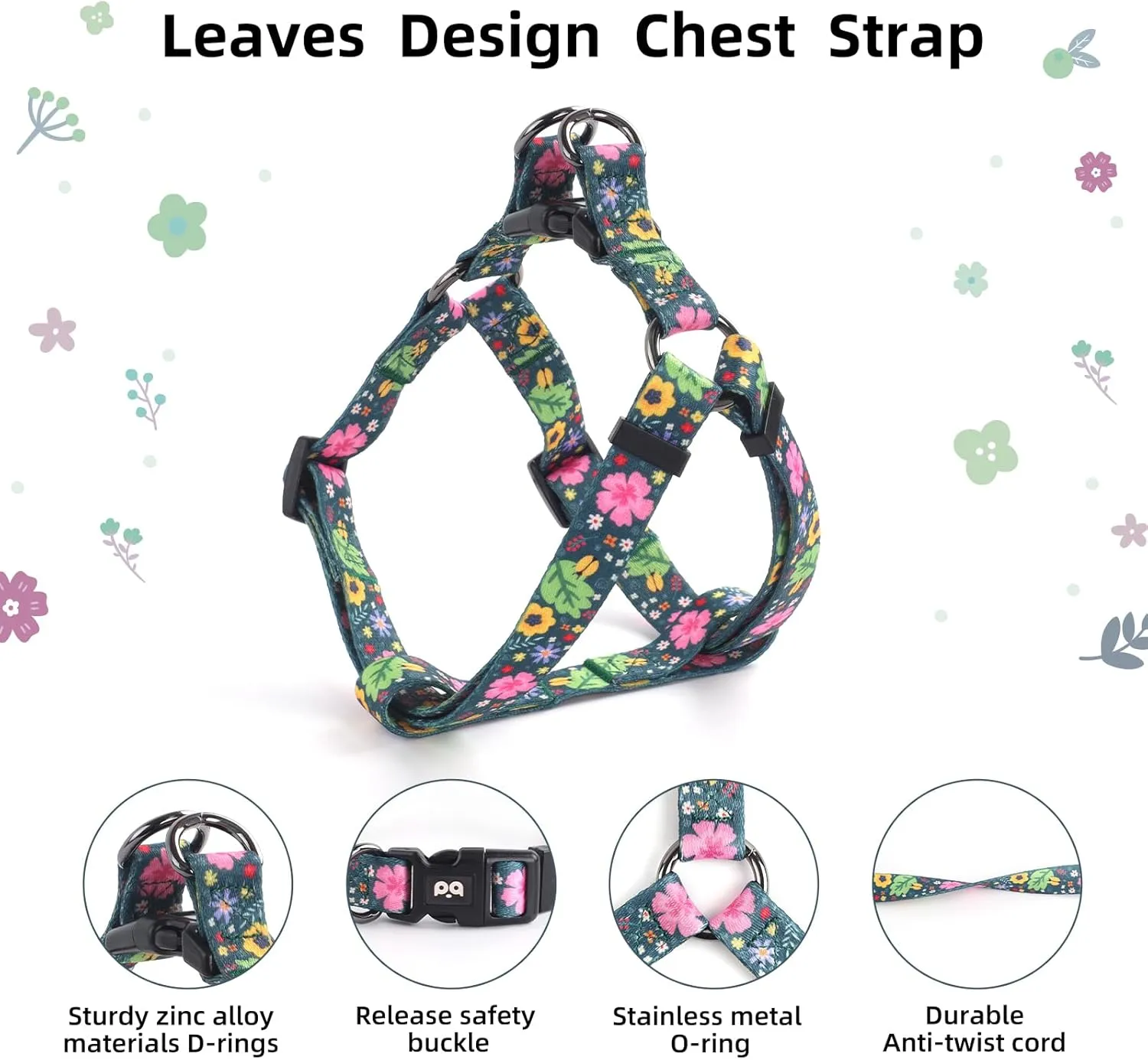 QQPETS Dog Harness Collar Leash - No Pull Pet Adjustable Back Clip Halter Basic Collar Heavy Duty 5FT Anti-Twist Leash for Extra Small Puppy Medium Large Breed Training (XS,Leaves)