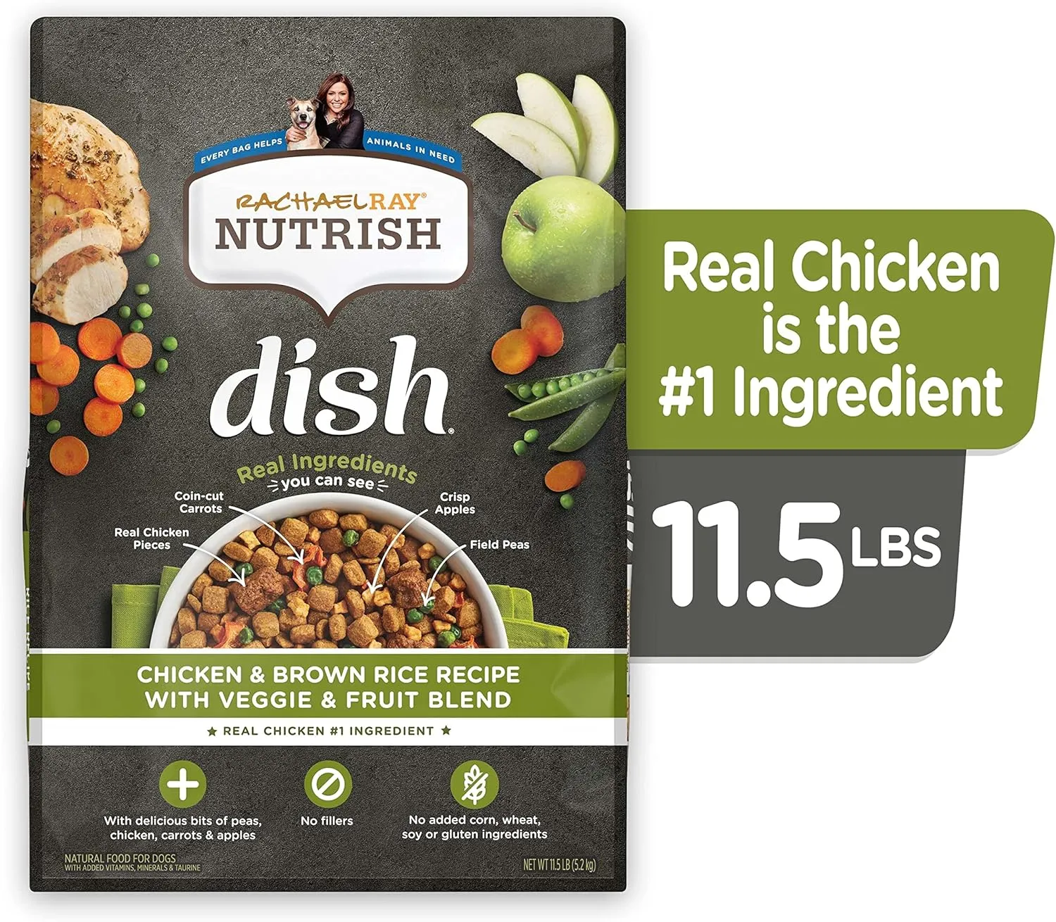 Rachael Ray Nutrish Dish Premium Dry Dog Food, Chicken & Brown Rice Recipe with Veggies & Fruit, 11.5 Pounds