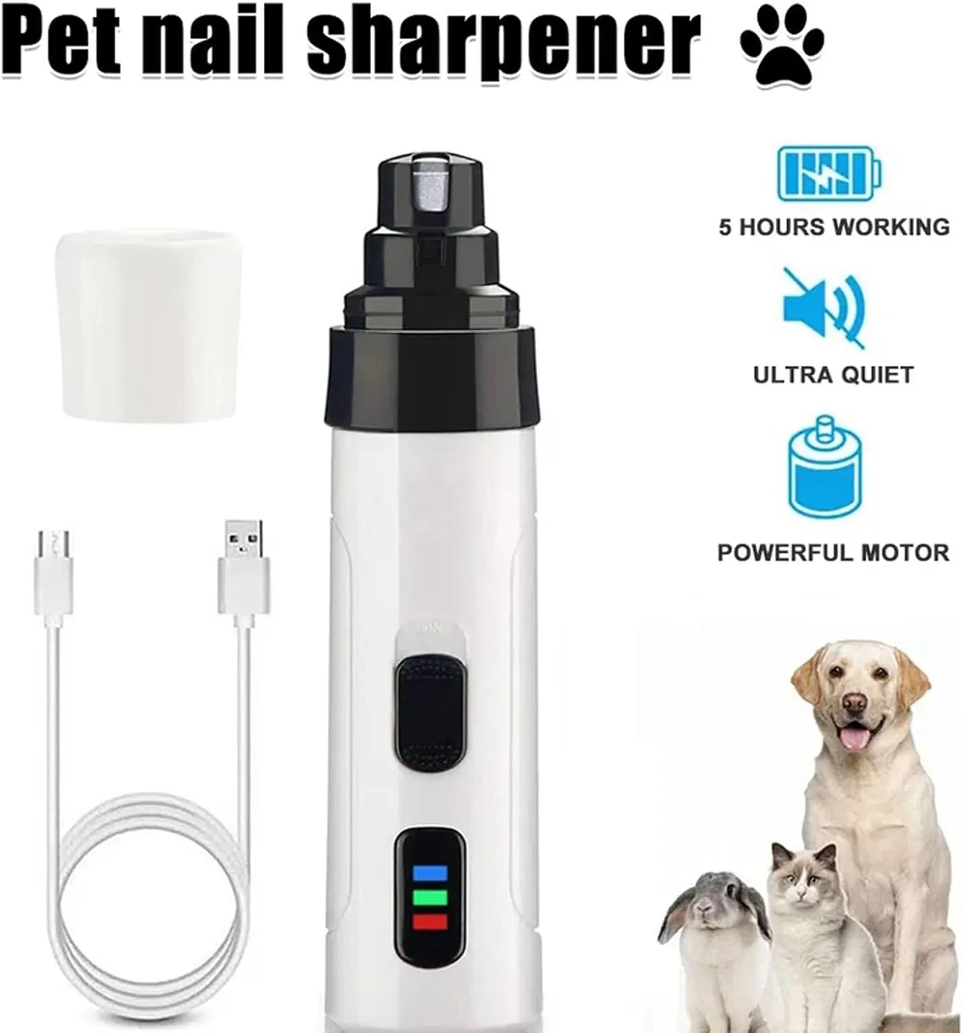 Rechargeable USB Charging Electric Pet Nail Grinder, Dog Nail Grinder, Dog Nail Trimmer, Dog Nail Clippers for Small Medium Large Dogs & Cats (1pcs)