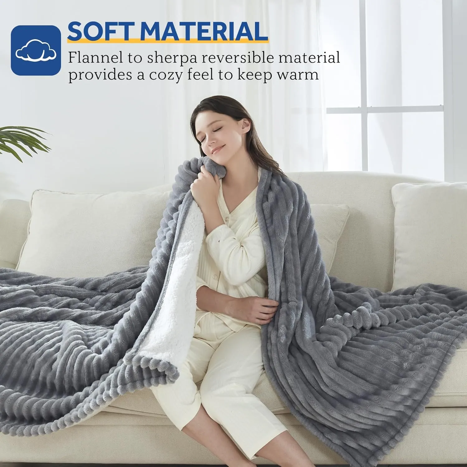 Sealy Electric Blanket Full Size, Soft Ribbed Flannel to Sherpa Reversible Heated Blanket with 10 Heat Settings & 1-12 Hours Auto-Off Overheat Protection, Machine Washable, 72"x84" Light Grey