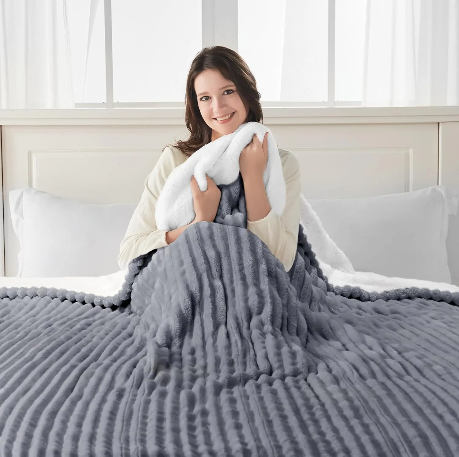 Sealy Electric Blanket Full Size, Soft Ribbed Flannel to Sherpa Reversible Heated Blanket with 10 Heat Settings & 1-12 Hours Auto-Off Overheat Protection, Machine Washable, 72"x84" Light Grey
