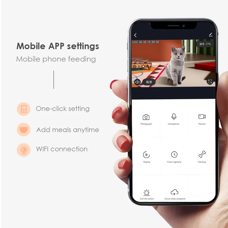 Smart Pet Dog Feeder with camera, WiFi control, and microchip timed auto feeder.