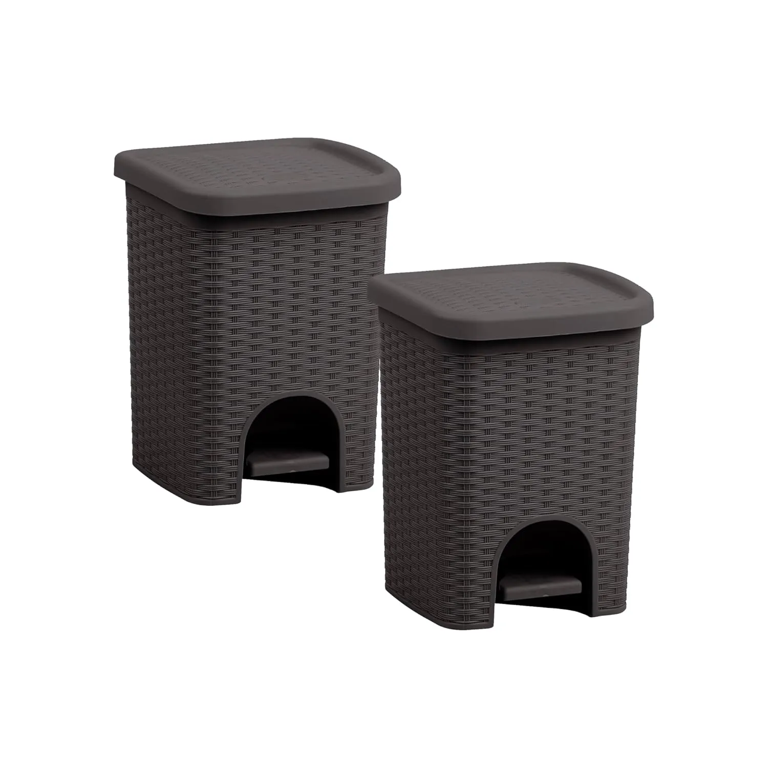 Superio 2-Pack 6L Step Pedal Trash Can - Wicker Design, Hidden Mechanism, Durable Plastic, Ideal for Desktop, Countertop, Pet Waste - Brown