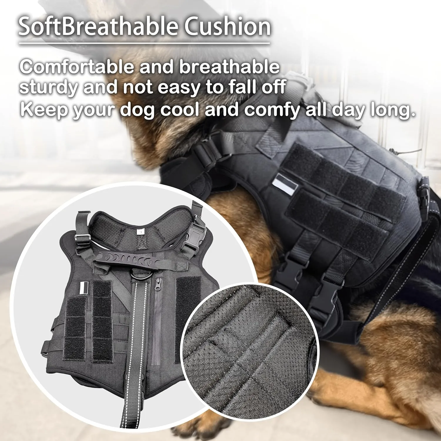 Tactical Dog Harness for Large Dogs, No Pull Adjustable Heavy Duty Pet Harness with Control Handle and Molle, Military Service Dog Vest for Training Walking and Hunting (Black, Large)