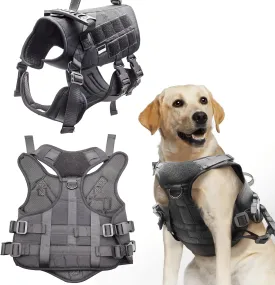 Tactical Dog Harness for Large Dogs, No Pull Adjustable Heavy Duty Pet Harness with Control Handle and Molle, Military Service Dog Vest for Training Walking and Hunting (Black, Large)