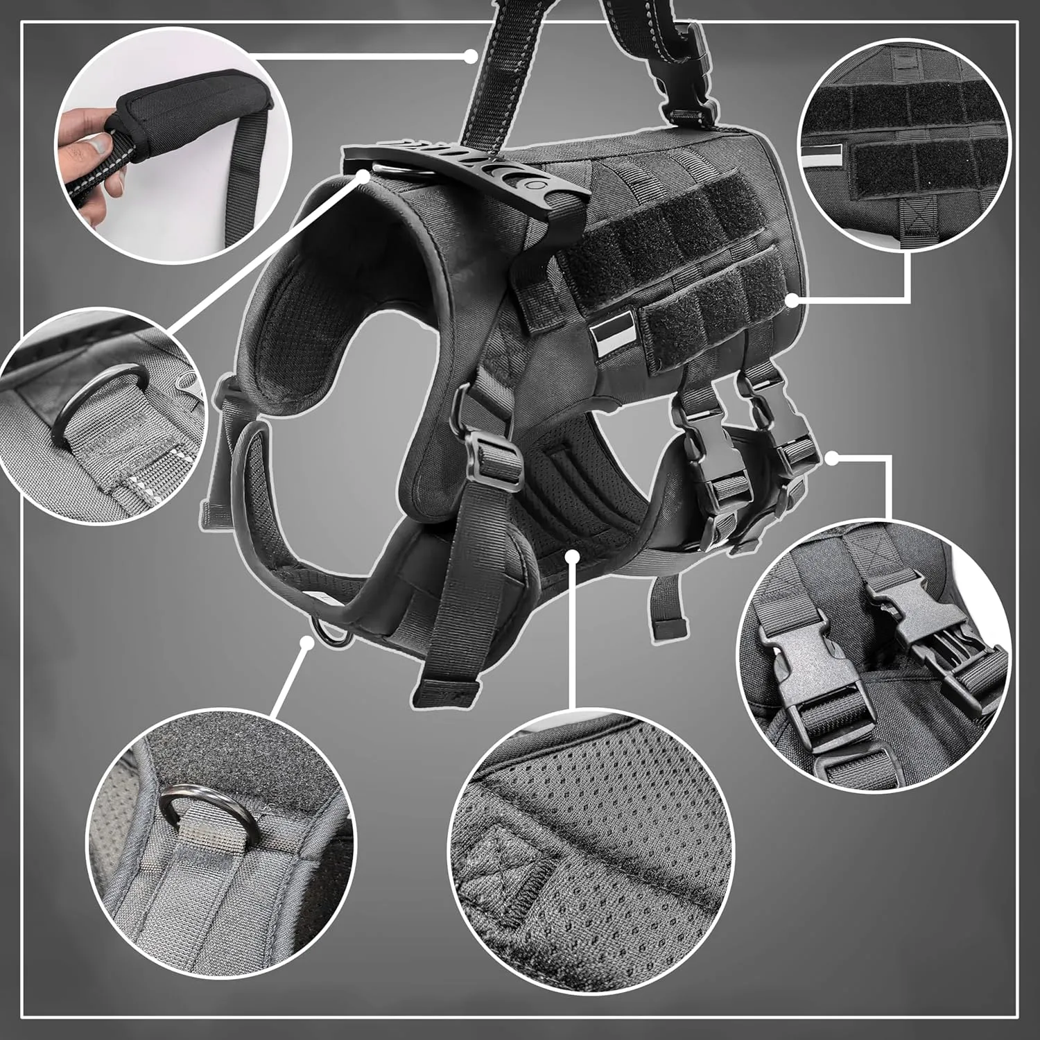 Tactical Dog Harness for Large Dogs, No Pull Adjustable Heavy Duty Pet Harness with Control Handle and Molle, Military Service Dog Vest for Training Walking and Hunting (Black, Large)