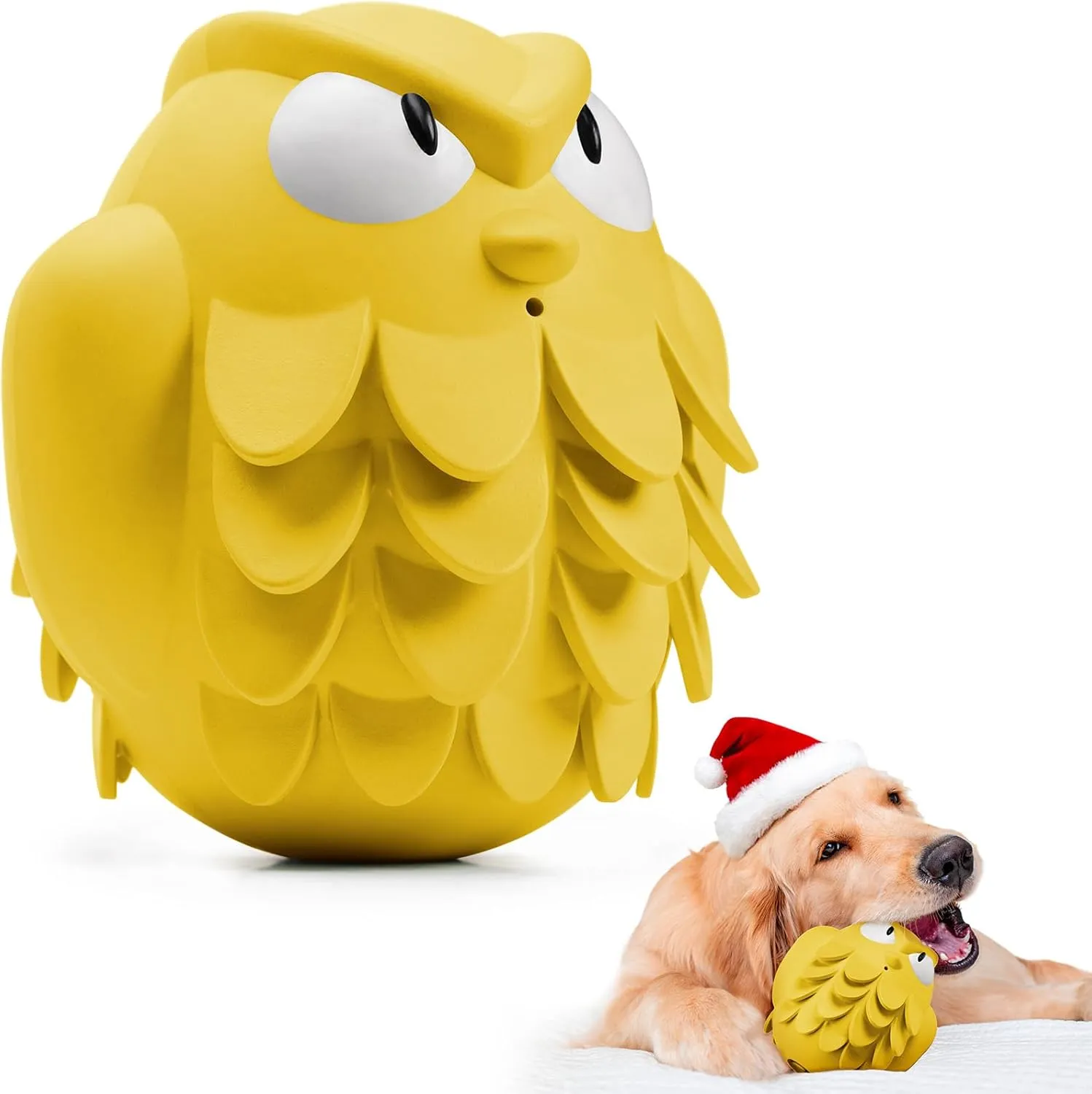 Tough Chew Dog Toys for Aggressive Chewers Giggle Ball Owl Rubber Interactive Treat Dispensing Slow Feeder Indestructible Teething Toys for Small Medium Large Dogs (Yellow)