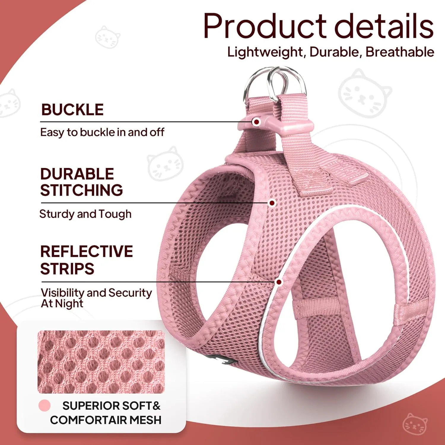 TwoEar Cat Harness Escape Proof, Soft Dog Vest Harness Adjustable, Breathable Mesh Step-in Puppy Walking Jacket Reflective Easy Control for Extral Small Pets for Outdoor Walking (XXXS, Pink)