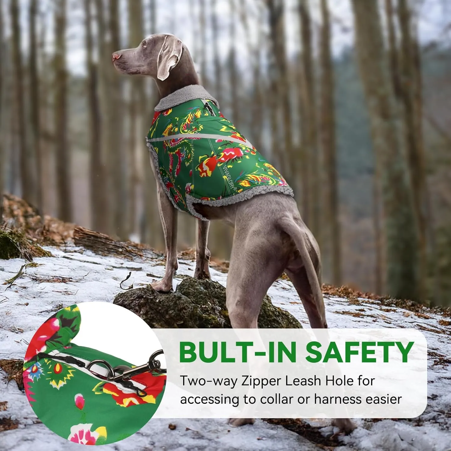 VIVAGLORY Warm Dog Fleece Vest Jacket with Two-Way Zipper Opening, Pet Jacket with Fleece Lining for Small Pets, Northeast Florals-Green, XXS