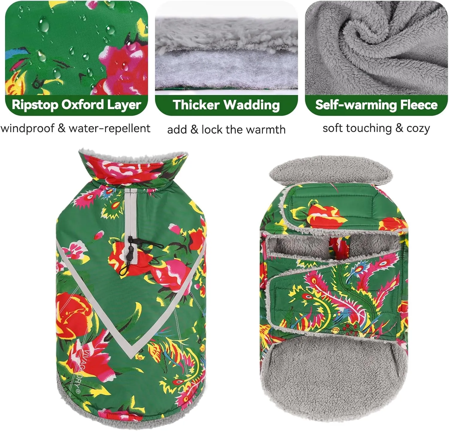 VIVAGLORY Warm Dog Fleece Vest Jacket with Two-Way Zipper Opening, Pet Jacket with Fleece Lining for Small Pets, Northeast Florals-Green, XXS