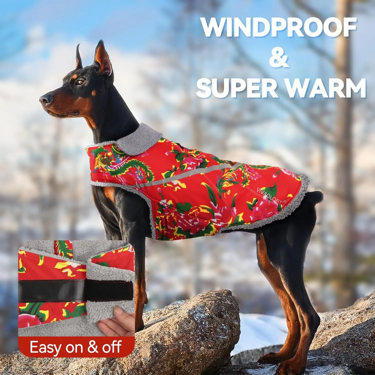 VIVAGLORY Warm Dog Fleece Vest Jacket with Two-Way Zipper Opening, Pet Jacket with Fleece Lining for Small Pets, Northeast Florals-Red, XXS