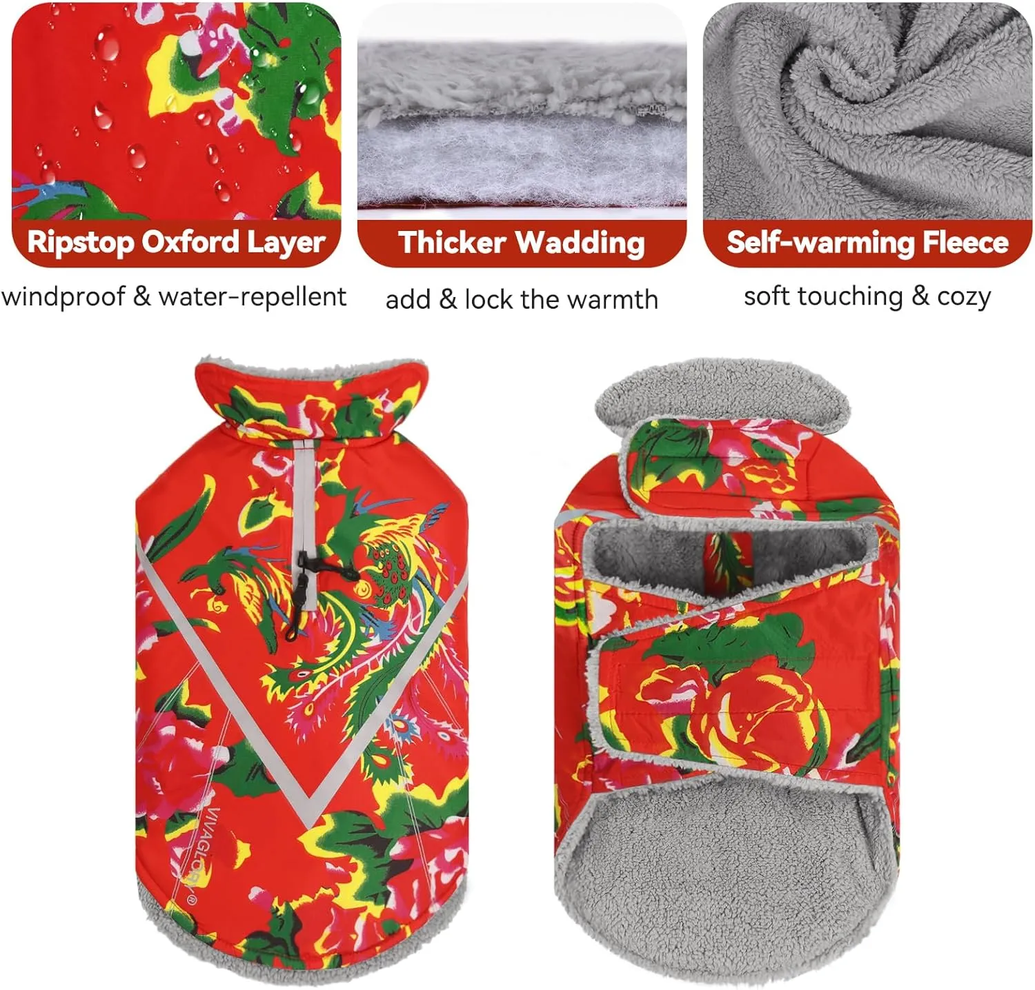 VIVAGLORY Warm Dog Fleece Vest Jacket with Two-Way Zipper Opening, Pet Jacket with Fleece Lining for Small Pets, Northeast Florals-Red, XXS