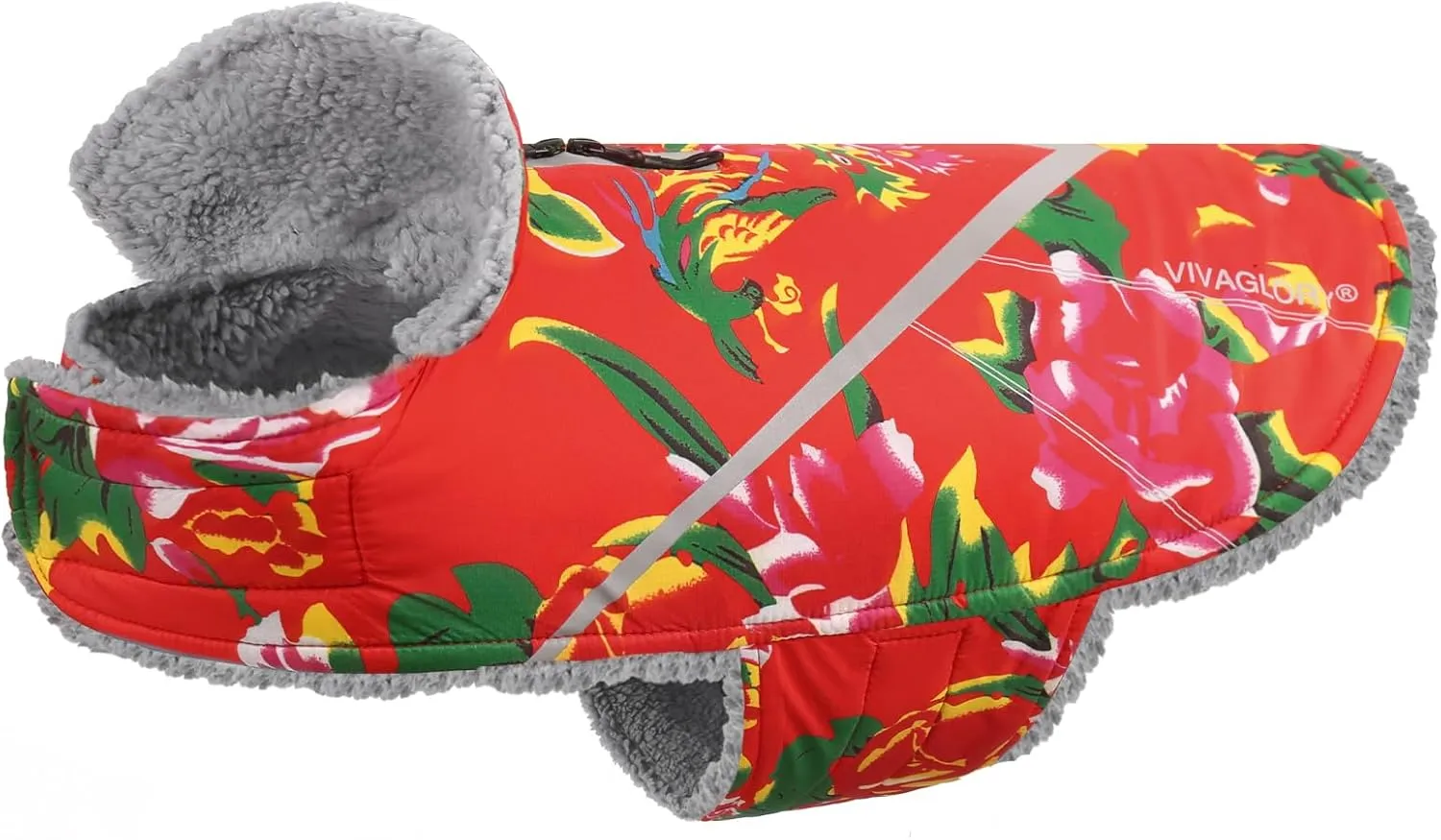 VIVAGLORY Warm Dog Fleece Vest Jacket with Two-Way Zipper Opening, Pet Jacket with Fleece Lining for Small Pets, Northeast Florals-Red, XXS