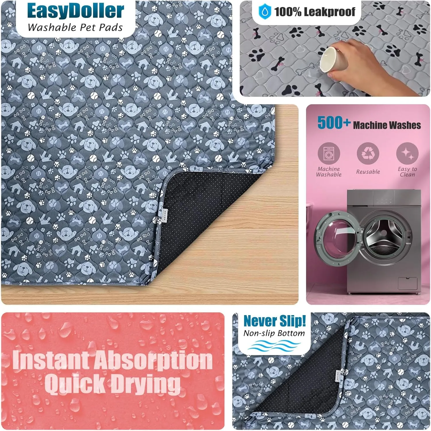 Washable Pee Pads for Dogs - 2 Pcs 18"x24" Blue Superior Reusable Puppy Pet Training Pad - Waterproof, Non-Slip Grip Protects Against Urine Leakage, Prevents Slipping & Bunching