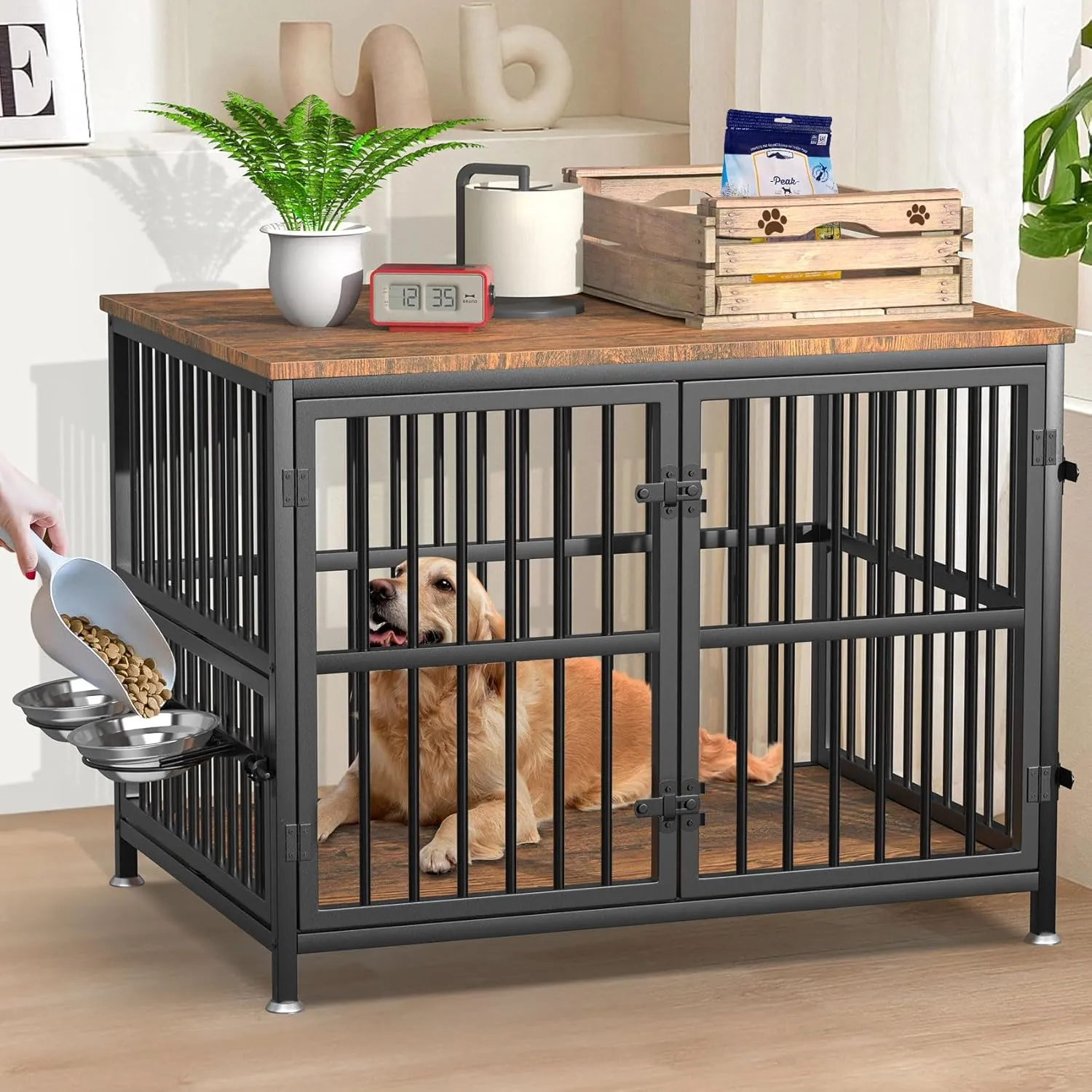 Wooden Dog Crate Furniture with 360 Rotating Feeder & 2 Bowls, Double-Door Kennel End Table for Medium & Large Dogs (29.9" L x 20.8" W x 25.2" H)