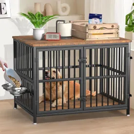 Wooden Dog Crate Furniture with 360 Rotating Feeder & 2 Bowls, Double-Door Kennel End Table for Medium & Large Dogs (29.9" L x 20.8" W x 25.2" H)