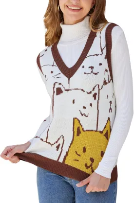 Yimoon Womens Cat Sweater Vest V Neck Y2k Graphic Knit Vest Cute Sleeveless Knitted Pullover Tops